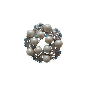 Vtg Estate Costume Sarah Coventry Pearl Silver Turquoise Brooch Pin Jewelry